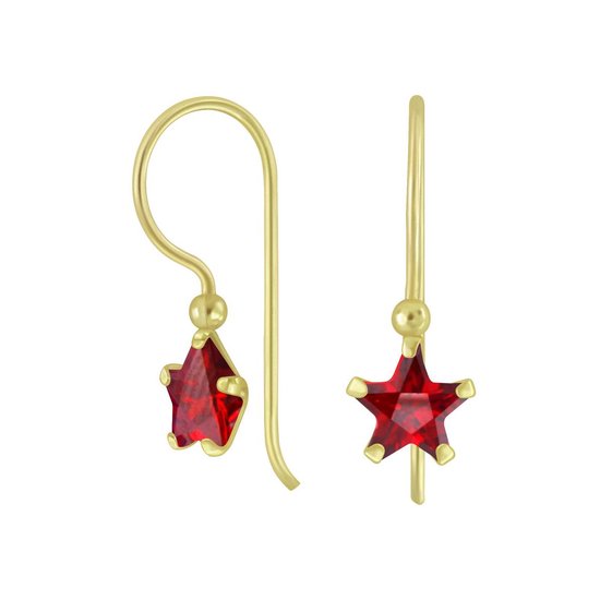 Joy|S - Zilveren classic ster oorbellen zirkonia rood oorhangers - goudplating