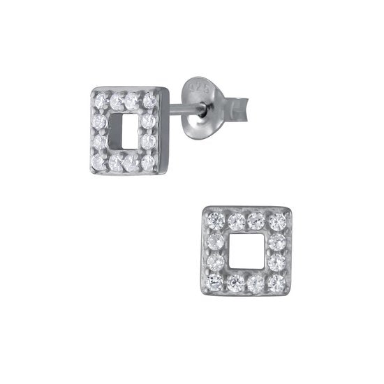 Joy|S - Zilveren vierkant oorbellen - 6 mm - square met zirkonia - gehodineerd