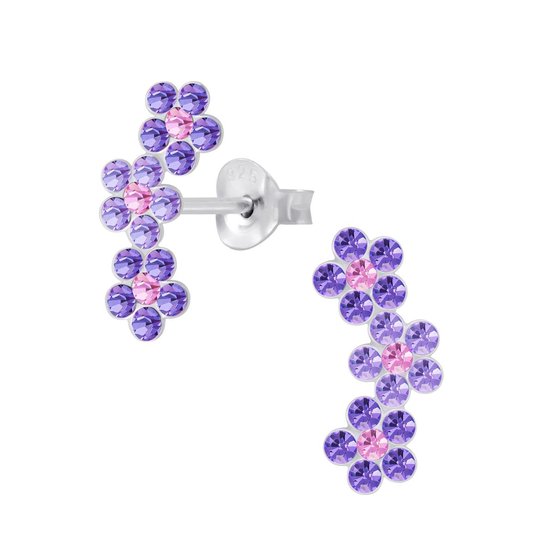 Joy|S - Zilveren bloem oorbellen - 3 bloemen - triple flower - roze paars