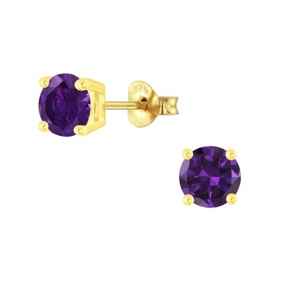 Joy|S - Zilveren oorbellen - rond - zirkonia paars - goudplating - 6 mm