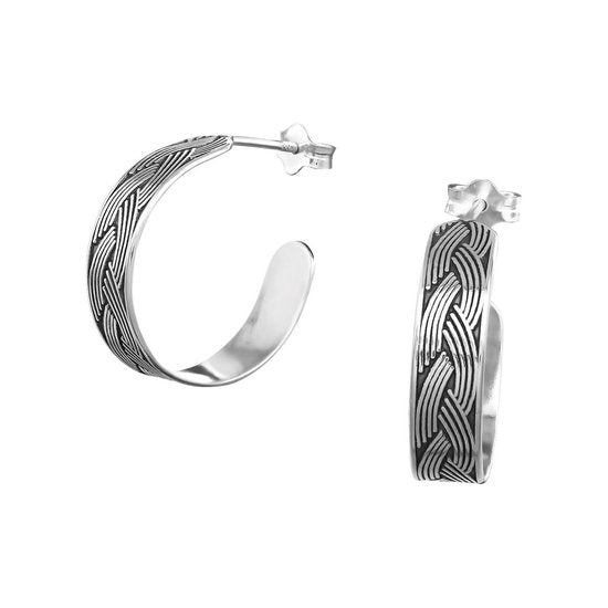Joy|S - Zilveren geoxideerde oorringen 20 mm vlecht patroon
