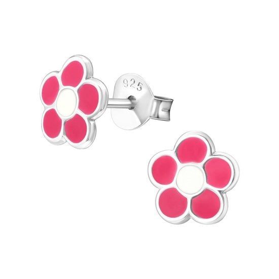 Joy|S - Zilveren bloem oorbellen roze 8 mm