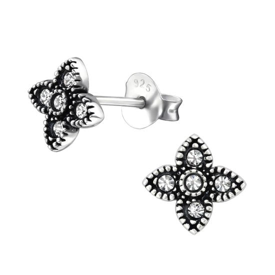 Joy|S - Zilveren Bali bloem ster oorbellen kristal 7 mm