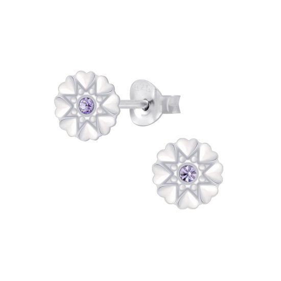 Joy|S - Zilveren hartjes bloem oorbellen - 7 mm - kristal paars/ lila