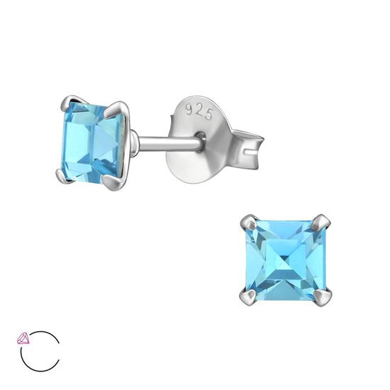 Joy|S - Zilveren vierkant oorbellen 4 mm blauw kristal