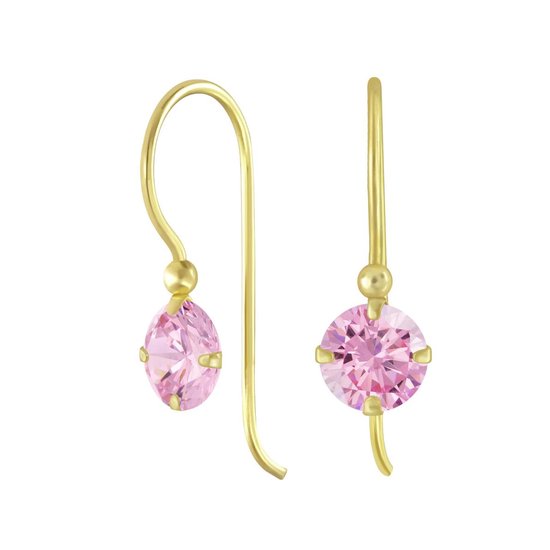 Joy|S - Zilveren classic zirkonia oorbellen rond roze oorhangers - goudplating