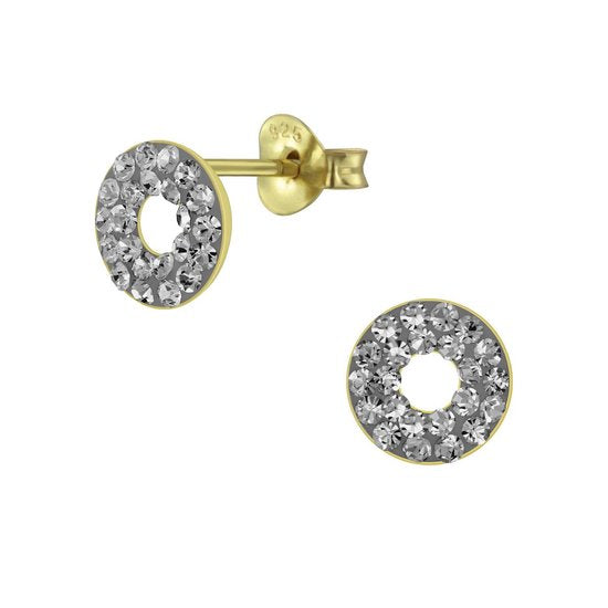 Joy|S - Zilveren cirkel oorbellen - 8 mm donut - kristal antraciet grijs - goudplating