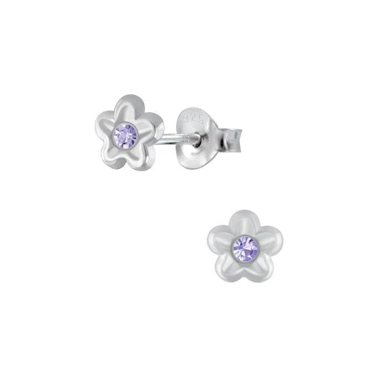 Joy|S - Zilveren bloem oorbellen - 6 mm - paars kristal - oorknopjes