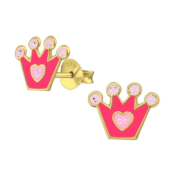 Joy|S - Zilveren kroontje oorbellen - 9 x 8 mm - roze met hartje en glitter - goudplating