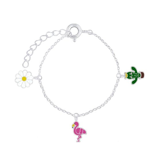 Joy|S - Zilveren bedel armband - Flamingo - Bloem - Cactus