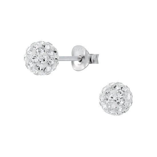 Joy|S - Zilveren bal kristal oorbellen - 6 mm rond - wit