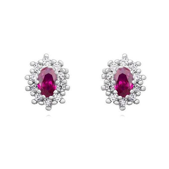 Joy|S - Zilveren elegante ovaal oorbellen zirkonia robijn rood / roze