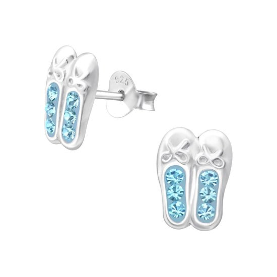 Joy|S - Zilveren ballet ballerina schoentjes met kristal blauw oorbellen 7 x 9 mm danseres