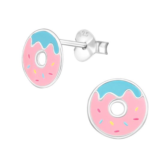 Joy|S - Zilveren donut oorbellen - 8 mm - roze blauw - oorknoppen