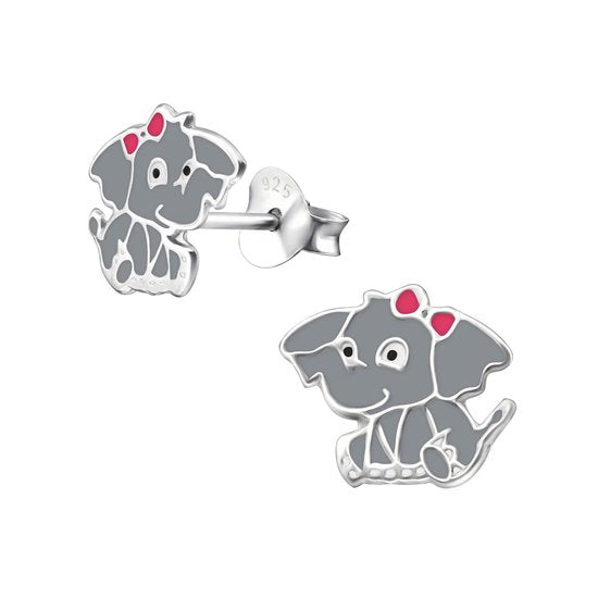 Joy|S - Zilveren olifant oorbellen - 10 x 9 mm - grijs met roze strikje