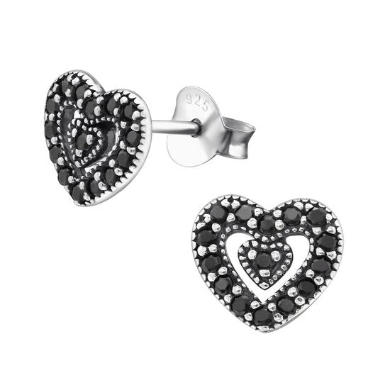 Joy|S - Zilveren hartjes oorbellen 8 mm zwarte zirkonia's geoxideerd