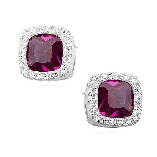 Joy|S - Zilveren elegante vierkant oorbellen zirkonia robijn rood / roze