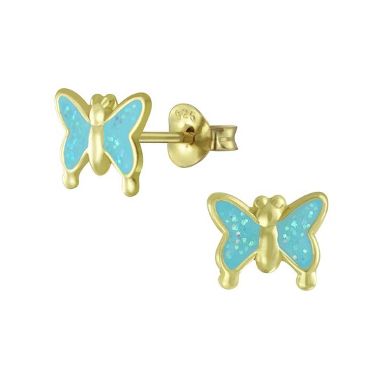 Joy|S - Zilveren vlinder oorbellen - blauw met glitter - goudplating