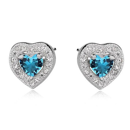 Joy|S - Zilveren hartje oorbellen 8 mm aqua marine blauw zirkonia - gehodineerd