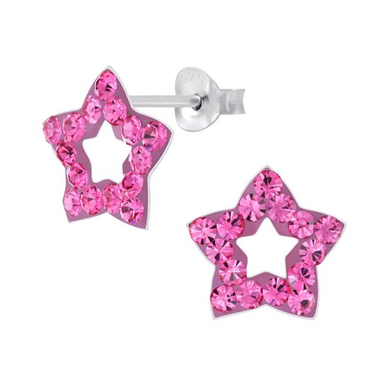 Joy|S - Zilveren ster oorbellen - 11 mm - roze kristal