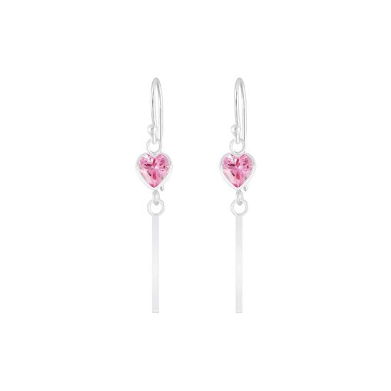 Joy|S - Zilveren hart oorbellen met bar (staaf) zirkonia roze oorhangers