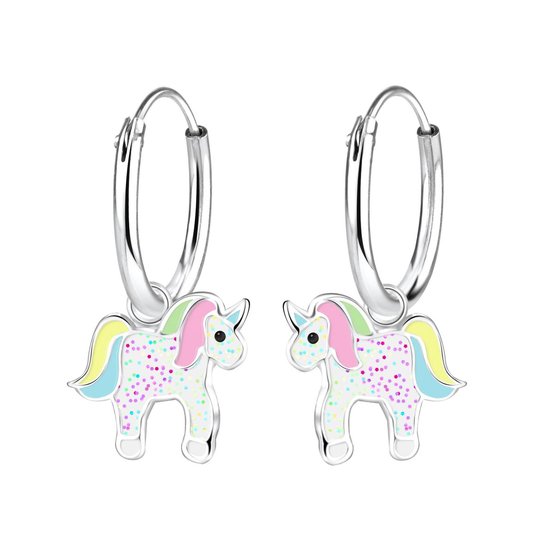 Joy|S - Zilveren eenhoorn bedel oorbellen - glitter - unicorn oorringen