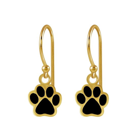 Joy|S - Zilveren kat hond dierenpoot oorbellen - zwart - goudplating