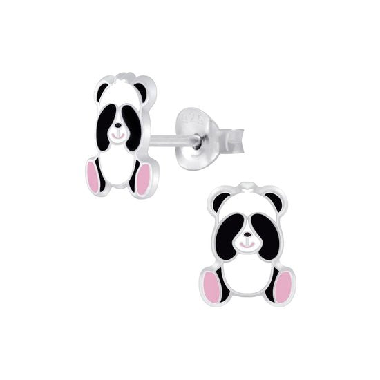 Joy|S - Zilveren Panda oorbellen - 6 x 8 mm - zwart wit roze
