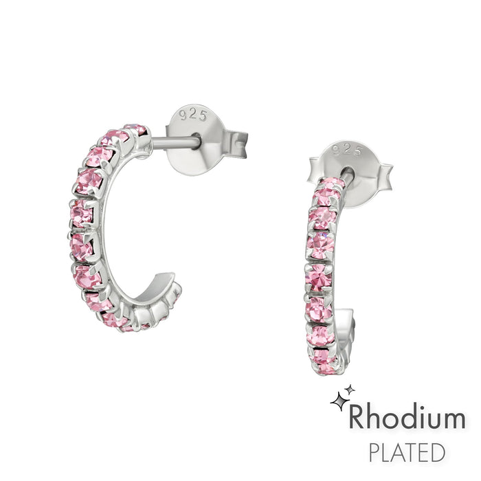 Joy|S - Zilveren oorringen stud - 14 mm / 2 mm - roze zirkonia - rhodium / gehodineerd - oorbellen