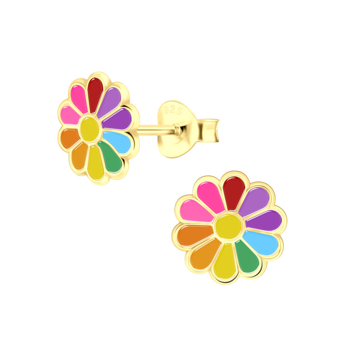 Joy|S - Zilveren madeliefje bloem oorbellen - multicolor - 8 mm - goudplating