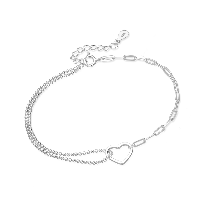 Joy|S - Zilveren armband - hartje - bolletjes en paperclip schakel - karabijn sluiting