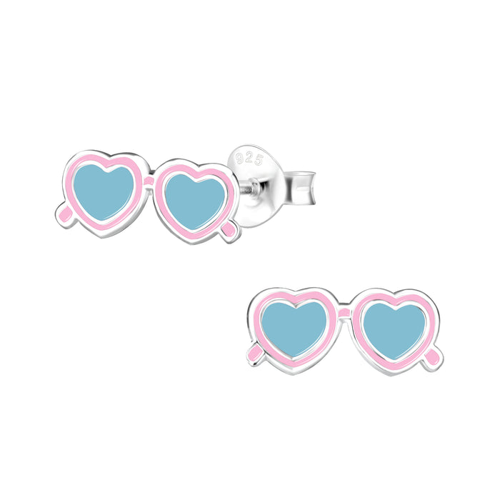 Joy|S - Zilveren hartjes zonnebril oorbellen 12 x 5 mm roze blauw