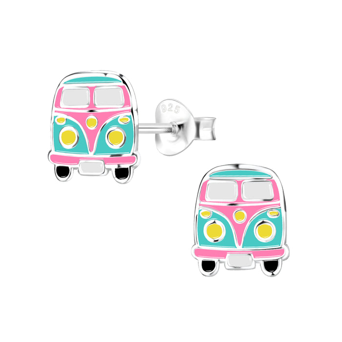 Joy|S - Zilveren bus oorbellen - flower power - T1 busje VW