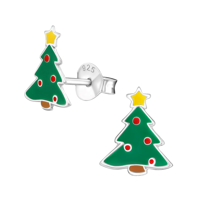 Joy|S - Zilveren kerstboom oorbellen - 9 x 10 mm - groen rood - gele ster - kerst oorknoppen - kinderoorbellen