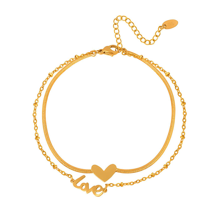 Joy Ibiza - hartje enkelbandje met Love - waterproof - double layer - bohemian style - stainless steel - ip/pvd goldplated - hypoallergeen - geen verkleuring incl garantie - t88