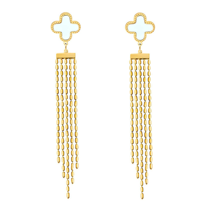Joy Ibiza - klaver oorbellen met kettinkjes - waterproof - klaver wit - vlinder sluiting - boho bohemian style - stainless steel - ip/pvd gold plated - hypoallergeen - geen verkleuring incl garantie - 10 mm x 100 mm