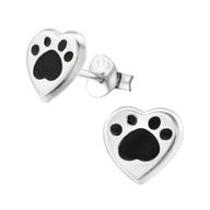 Joy|S - Zilveren hartje oorbellen met kat hond dierenpoot - 8 x 7 mm - poot zwart