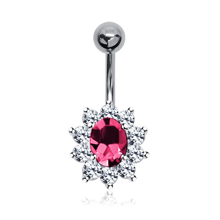 Joy|S - Navel piercing - Sterling zilver 925 classic ovale bloem bedel - staaf 316L Chirurgisch staal - Zirkonia roze met wit