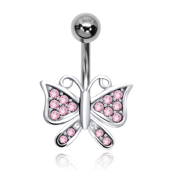 Joy|S - Navel piercing - vlinder Sterling zilver 925 - staaf 316L Chirurgisch staal - roze kristal