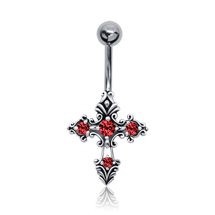 Joy|S - Navel piercing - Kruis met rode zirkonia bedel Sterling zilver 925 - staaf 316L Chirurgisch staal