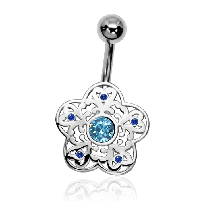 Joy|S - Navel piercing - Bloem Sterling zilver 925 - Aqua blauw kristal - staaf 316L Chirurgisch staal