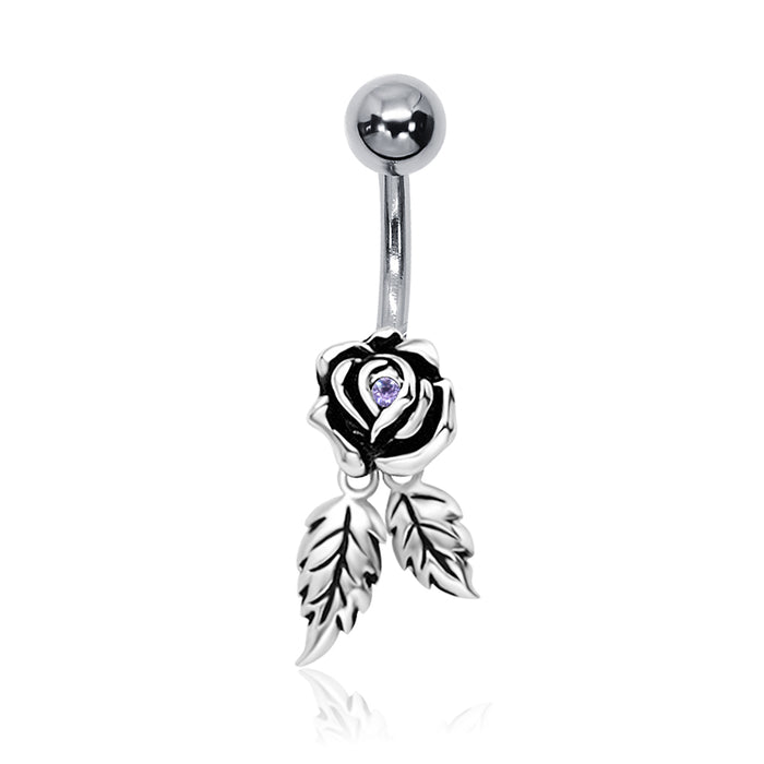 Joy|S - Navel piercing - Roos Sterling zilver 925 - bloem geoxideerd - lila kristal - staaf 316L Chirurgisch staal