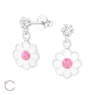 Joy|S - Zilveren bloem bedel oorbellen - wit met roze - glitter