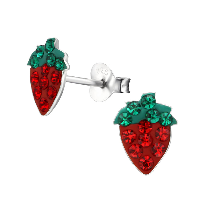 Joy|S - Zilveren aardbei oorbellen - rood en groen kristal - 7 x 9 mm