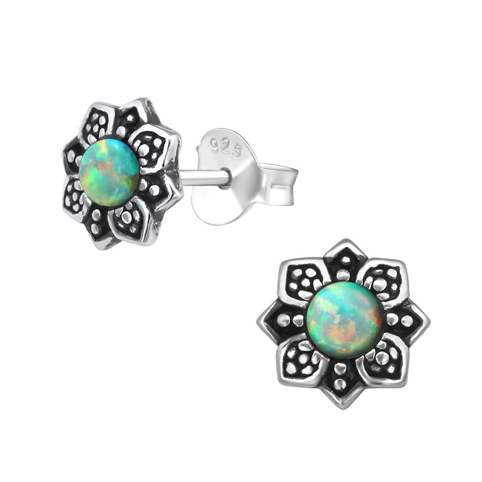 Joy|S - Zilveren bloem oorbellen - 7 mm - groen geel moon yellow - massief - Bali oorknoppen