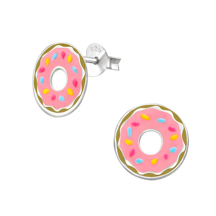 Joy|S - Zilveren donut oorbellen - 10 mm - roze met kleurtjes - kinderoorbellen