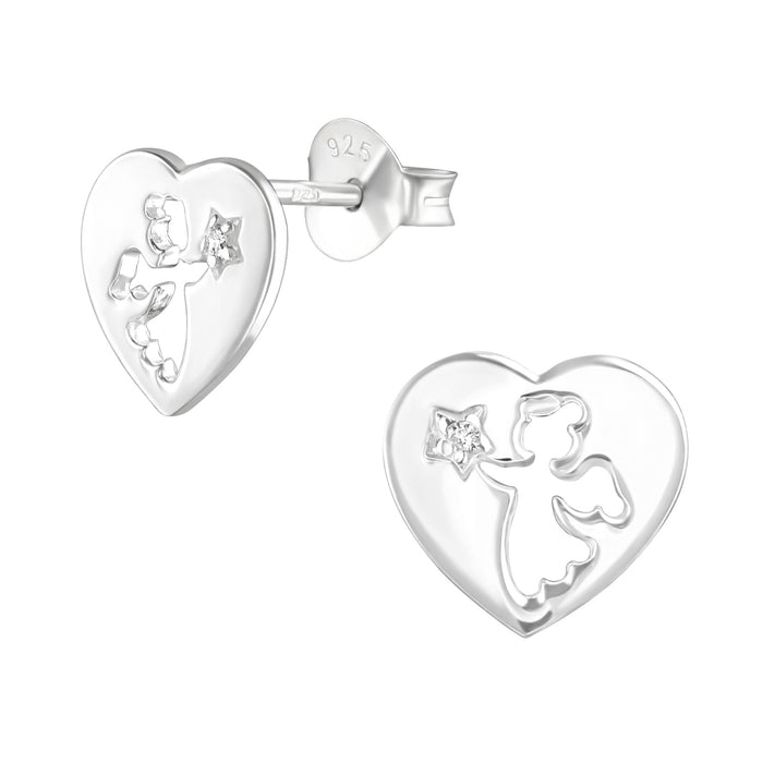 Joy|S - Zilveren engel oorbellen - 8 mm - hartje met zirkonia