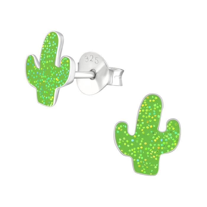 Joy|S - Zilveren cactus oorbellen - 6 x 8 mm - groen met glitter - kinderoorbellen