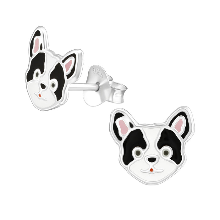 Joy|S - Zilveren hond oorbellen - 9 x 8 mm - zwart wit met roze oortjes