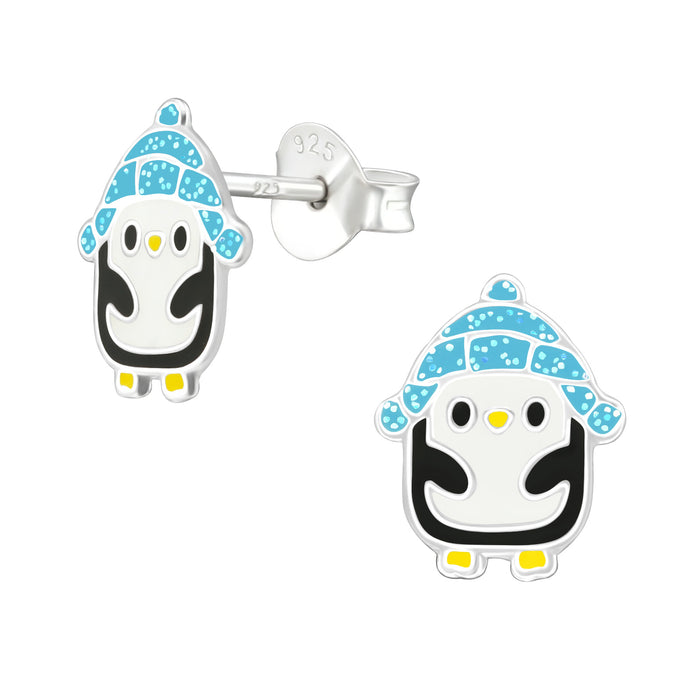 Joy|S - Zilveren pinguïn oorbellen - 8 x 10 mm - glitter blauw ijs mutsje